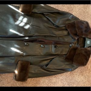 Chocolate brown leather coat with mink fur trim